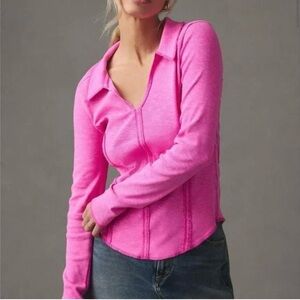 Pilcro Top Womens Large Hot Pink Stitched V Neck Ribbed Anthropologie Comfy